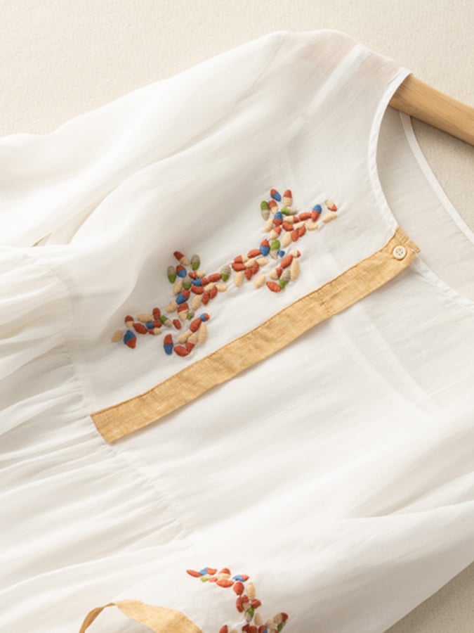 Zara Women’s Cotton Linen Dress – Boho Embroidered Midi Dress with Relaxed Fit