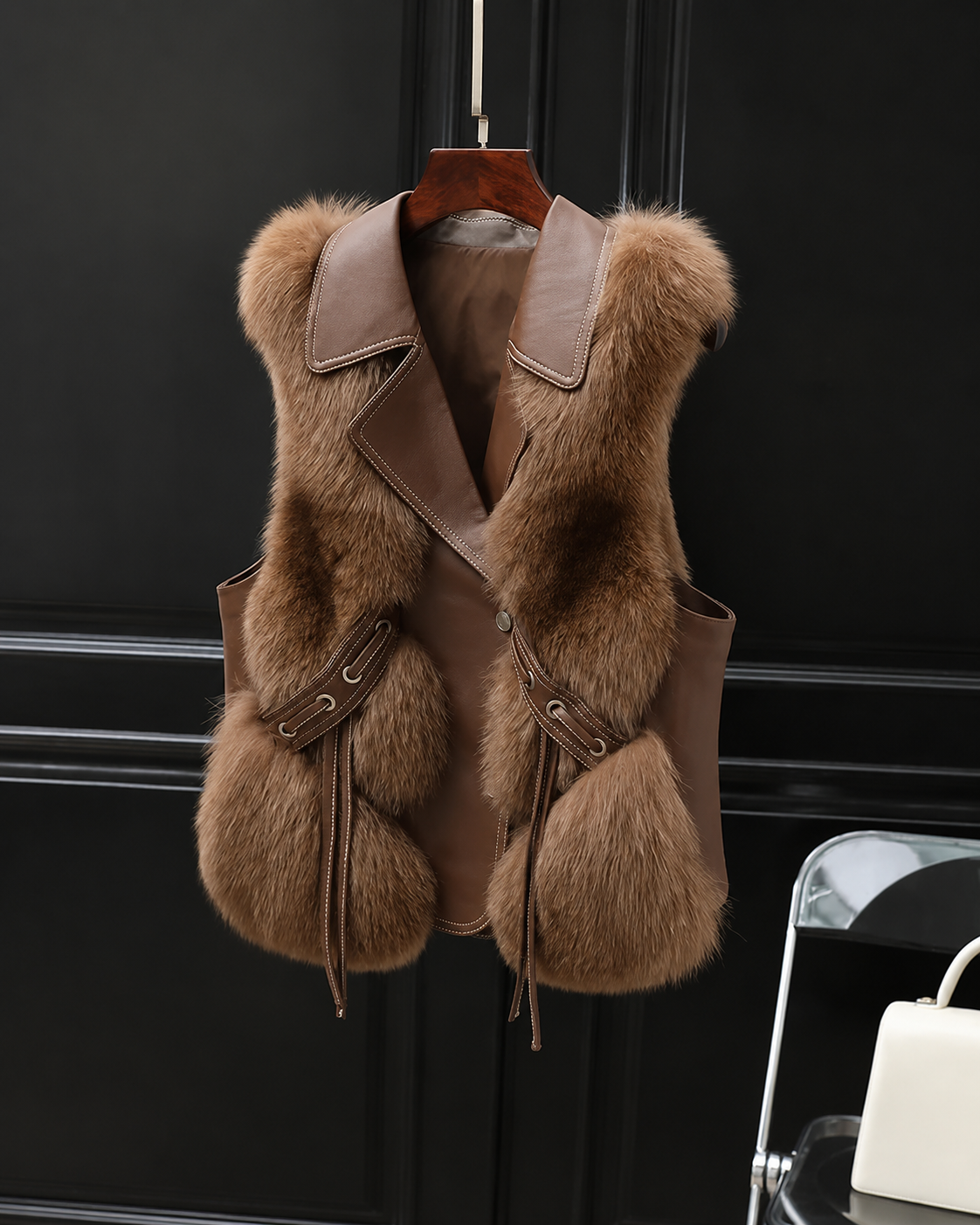 Dilara Women's Faux Fur Vest – Oversized Lapel Gilet with Adjustable Waist