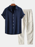 Richard Men's Summer Two-Piece Set – Short Sleeve Shirt & Elastic Waist Pants