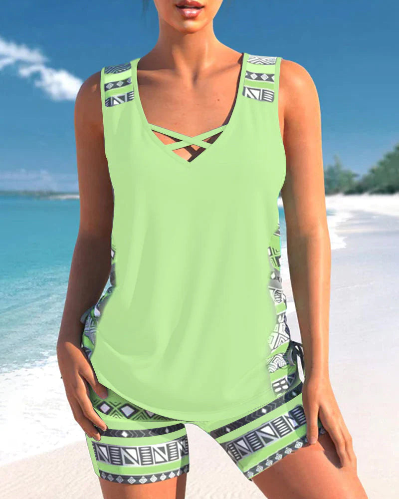 Bienna Women's Tankini Set – Geometric Print Swim Top with Matching Shorts