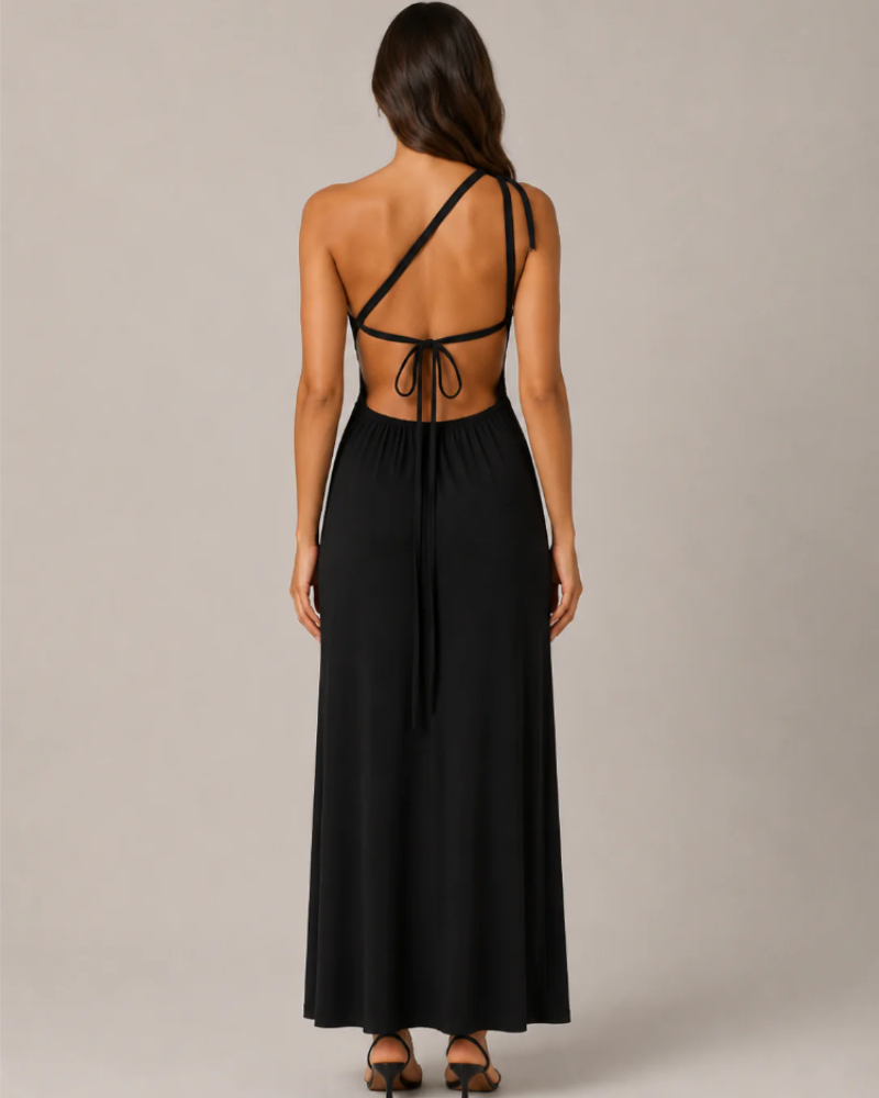 Elowen Women's One-Shoulder Maxi Dress – Open Back High-Slit Evening Gown