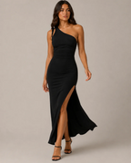 Elowen Women's One-Shoulder Maxi Dress – Open Back High-Slit Evening Gown