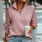 Leyna Women's Knit Sweater – Ribbed Zip Collar Casual Chic Pullover