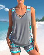 Bienna Women's Tankini Set – Geometric Print Swim Top with Matching Shorts