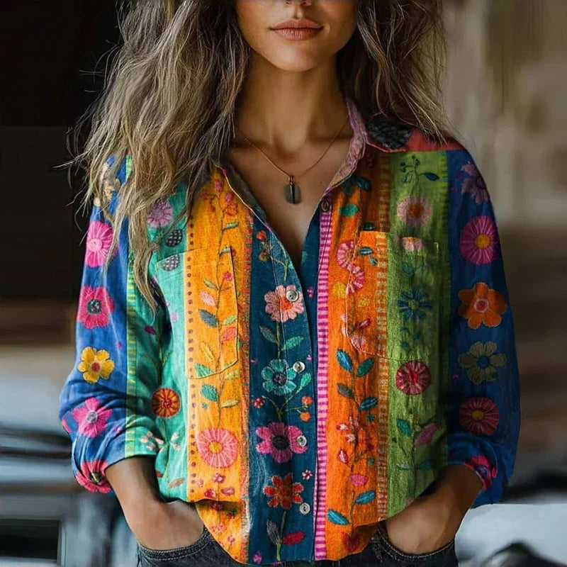 Mira Women's Vintage Blouse – Ethnic Print Button-Up Long Sleeve Shirt