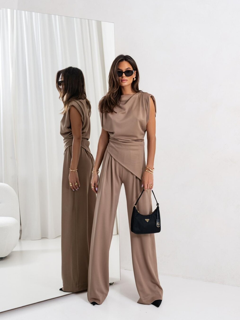 Vivine Women's Two-Piece Set – Draped Top Wide Leg Pants Elegant Outfit