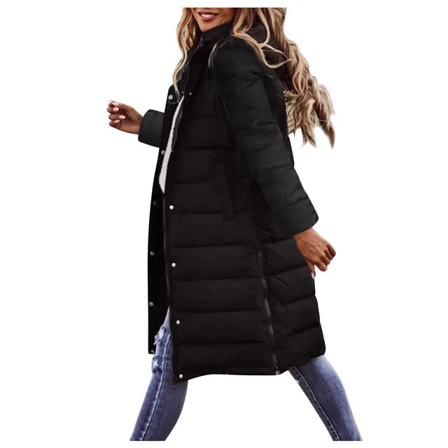 Evie Women’s Long Puffer Coat – Quilted Winter Jacket with Hood & Windproof Design