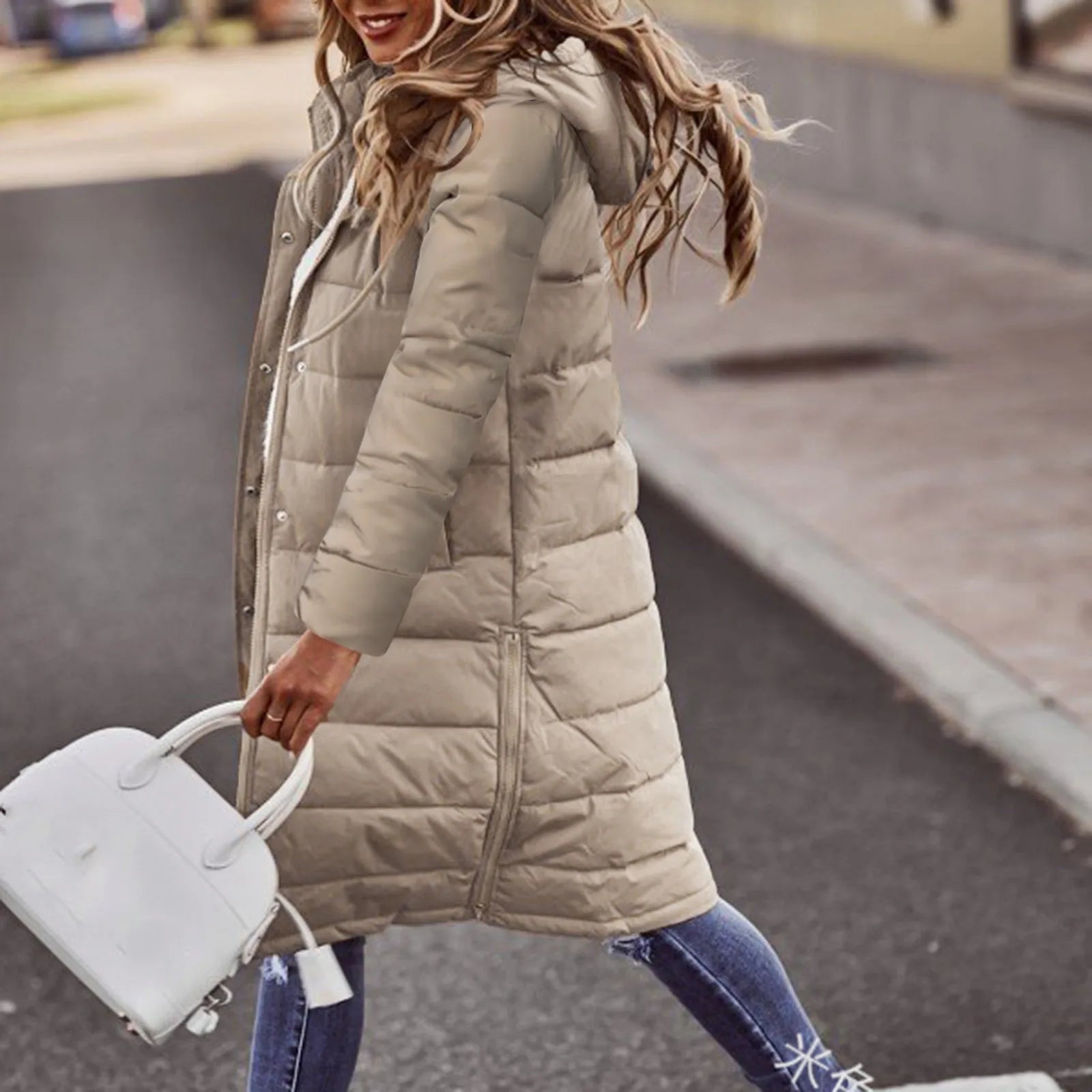 Evie Women’s Long Puffer Coat – Quilted Winter Jacket with Hood & Windproof Design