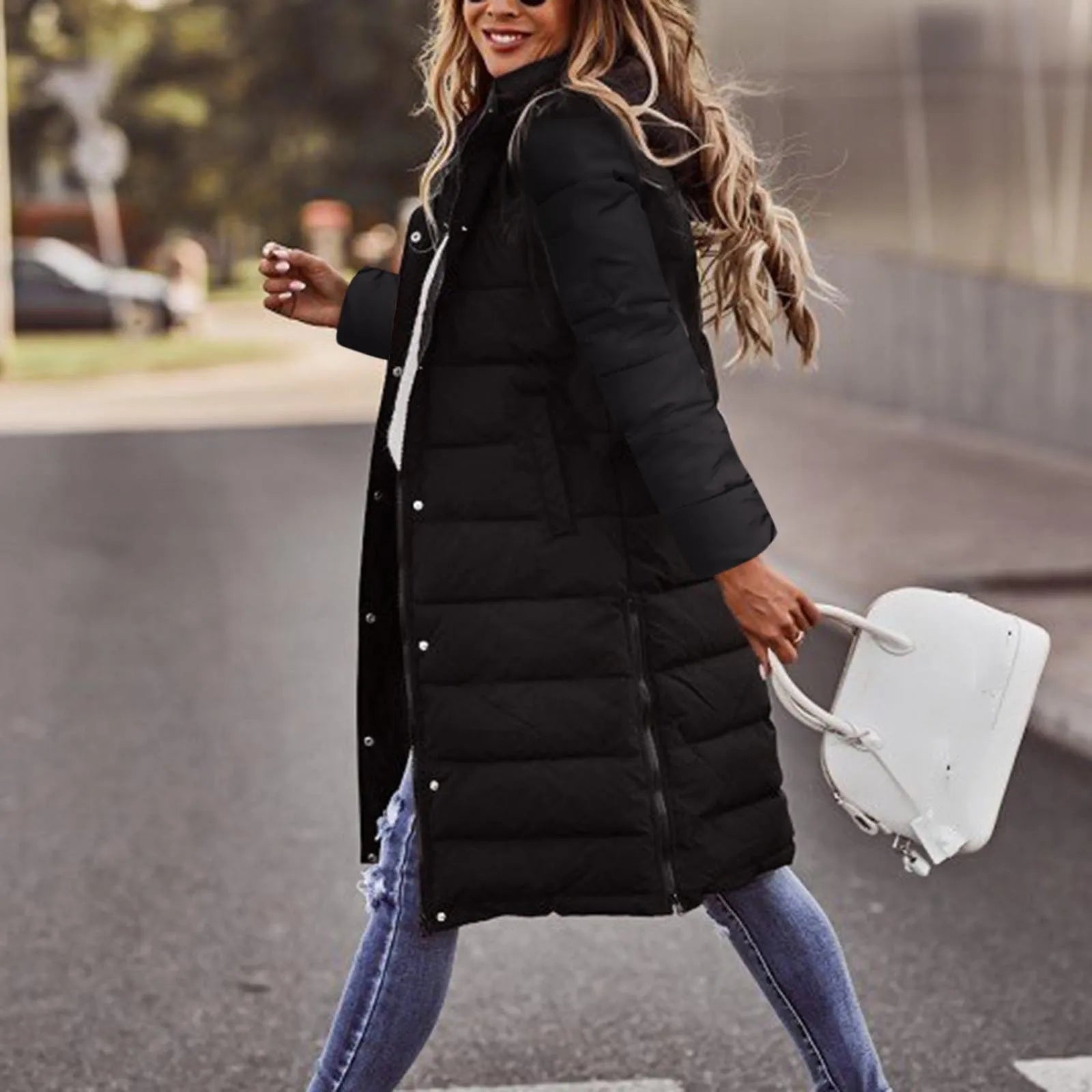 Evie Women’s Long Puffer Coat – Quilted Winter Jacket with Hood & Windproof Design
