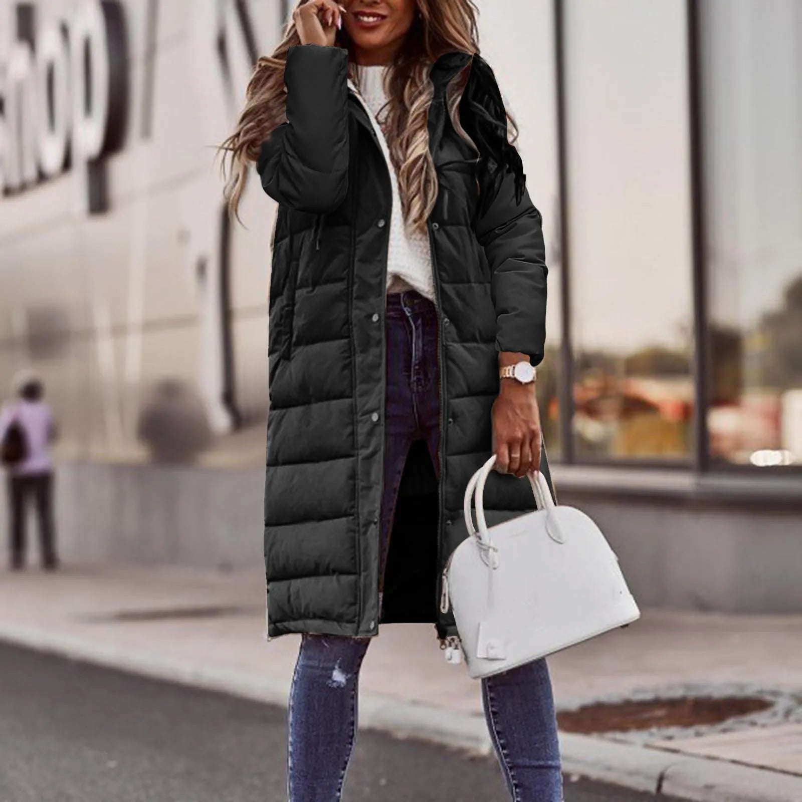 Evie Women’s Long Puffer Coat – Quilted Winter Jacket with Hood & Windproof Design