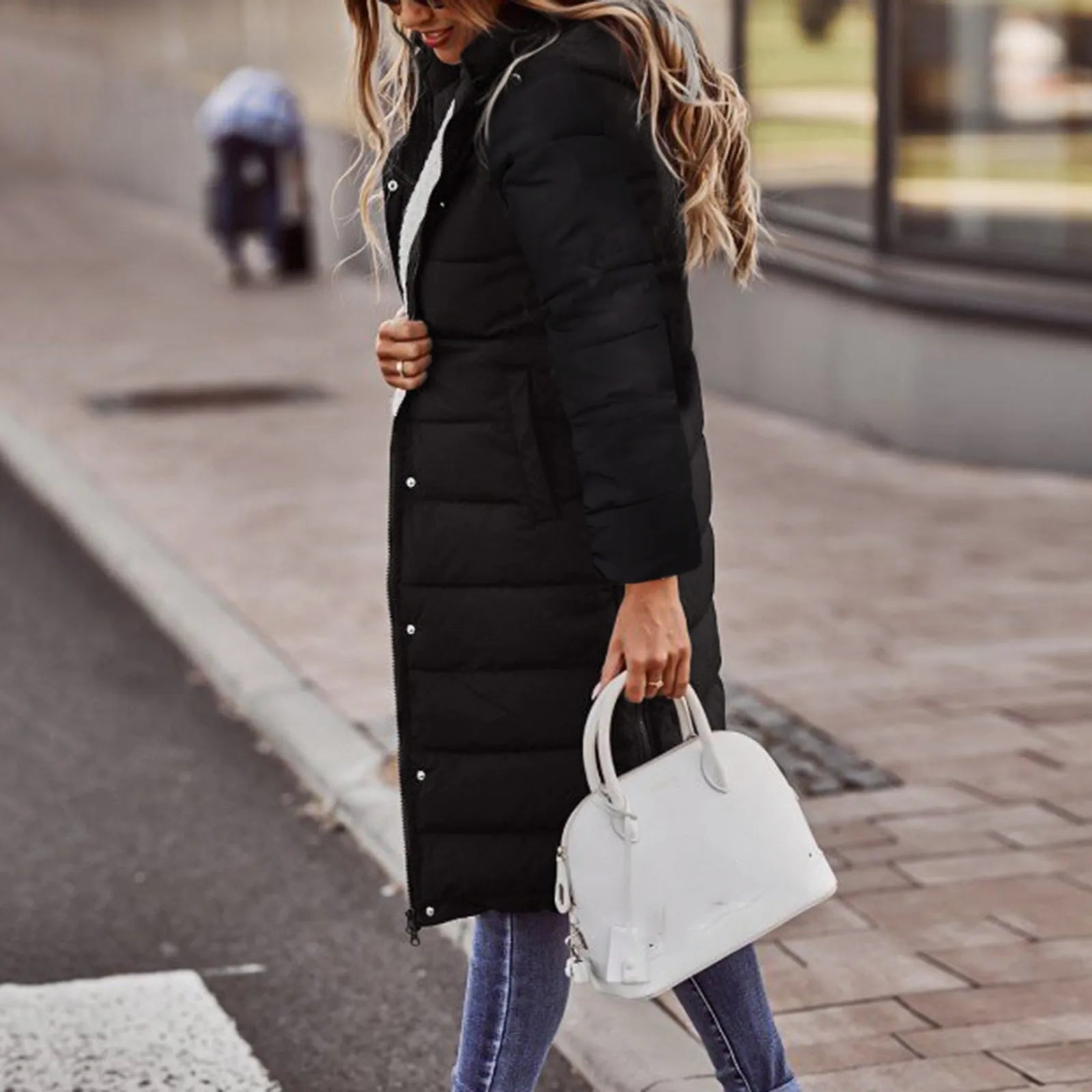Evie Women’s Long Puffer Coat – Quilted Winter Jacket with Hood & Windproof Design