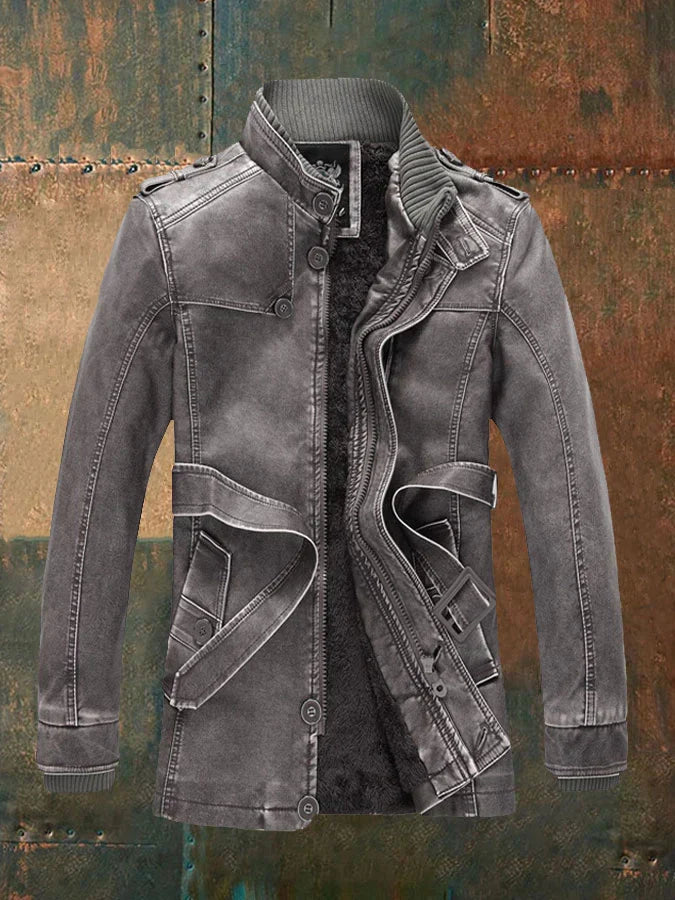Shon Men’s Vintage Leather Jacket – Classic Button Detail & Warm Lined Zip Coat