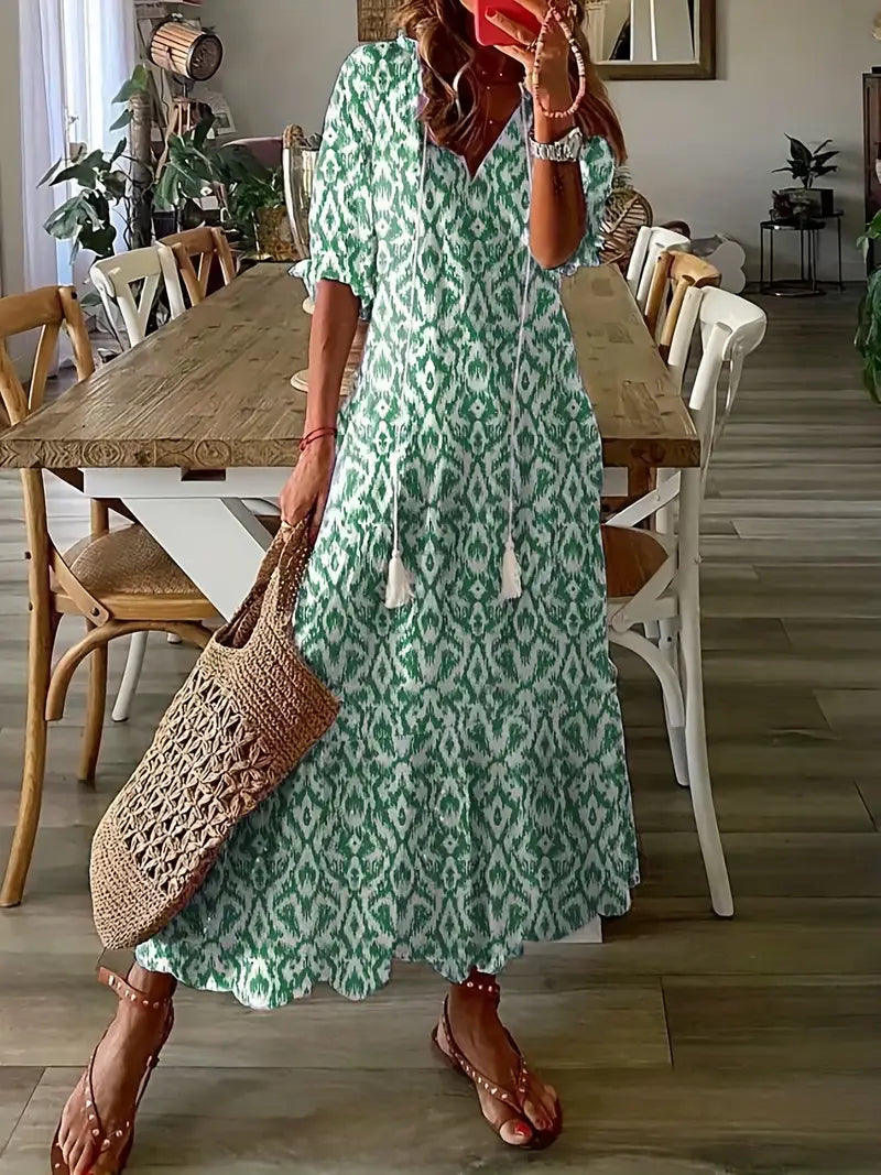 Charm Women's Boho Dress – V-Neck Ruffle Ikat Print Summer Dress