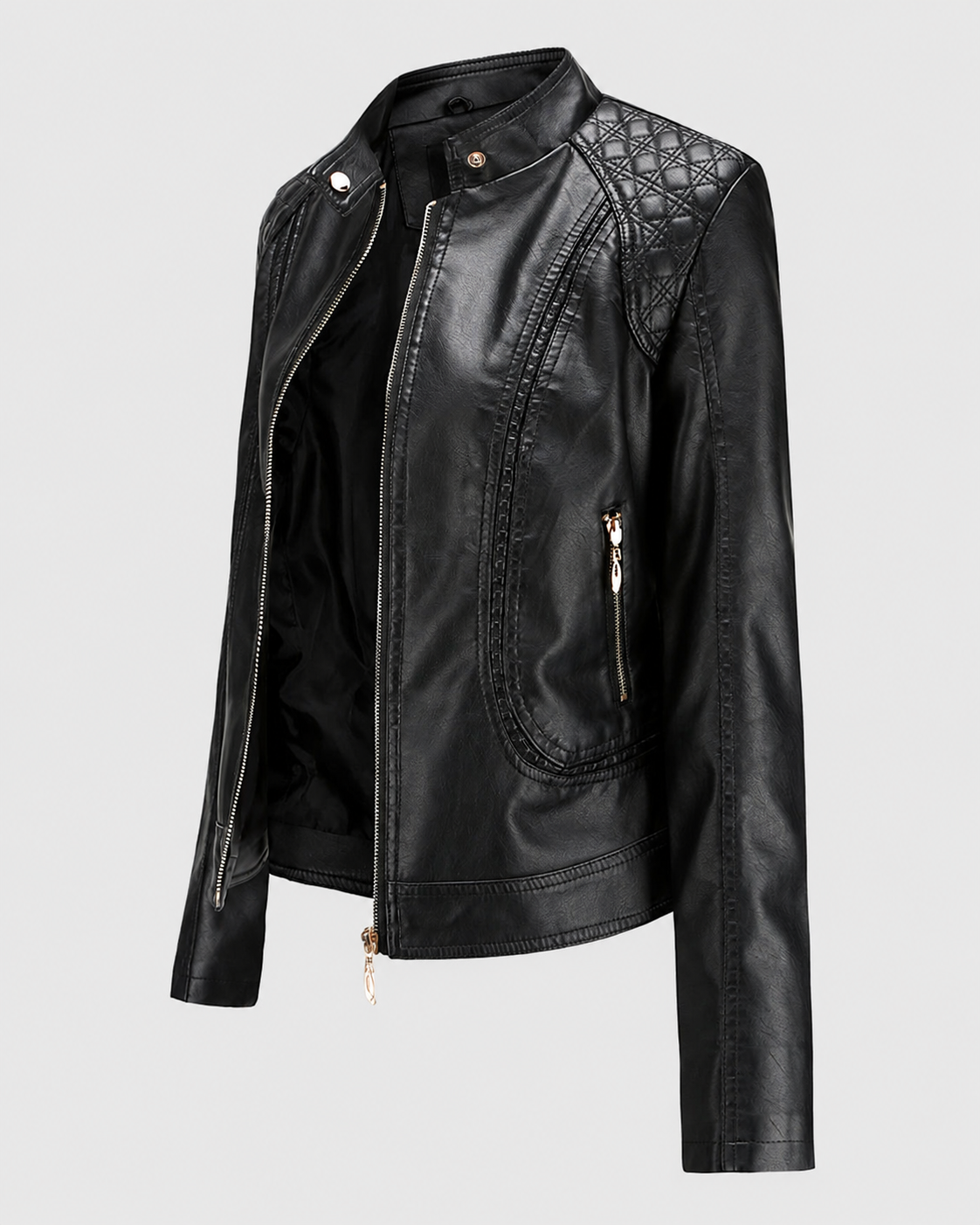 Janiyah Women's Leather Jacket – Stand Collar Zip Jacket with Pockets