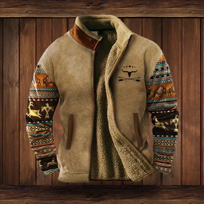 Noah Men’s Winter Jacket – Fleece-Lined Western Coat with Ethnic Pattern Design