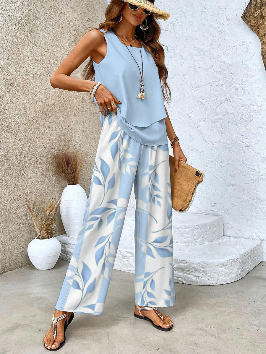 Ghislaine Women's Floral Two-Piece Set – Lightweight Top & Pants Outfit