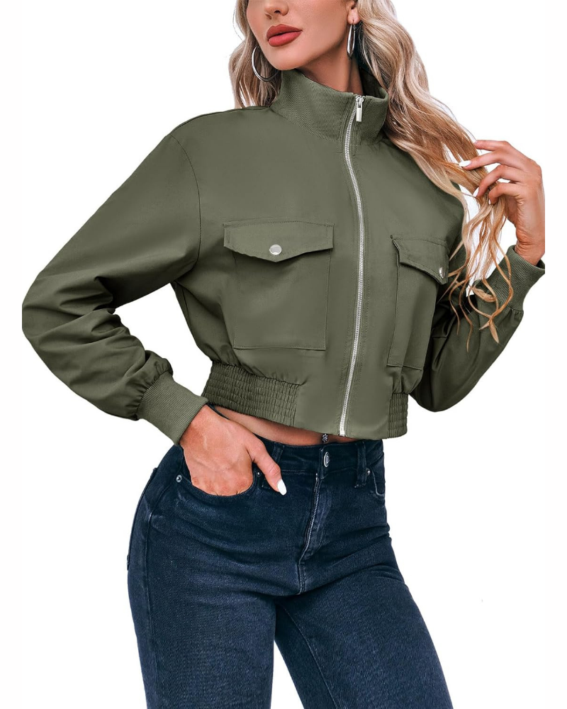 Lauren Women’s Cropped Bomber Jacket – Lightweight Zip-Up with Utility Pockets
