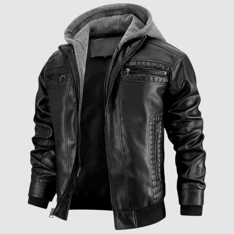 Jace Men’s Leather Jacket – Retro Biker Coat with Hood & Durable Zip Design