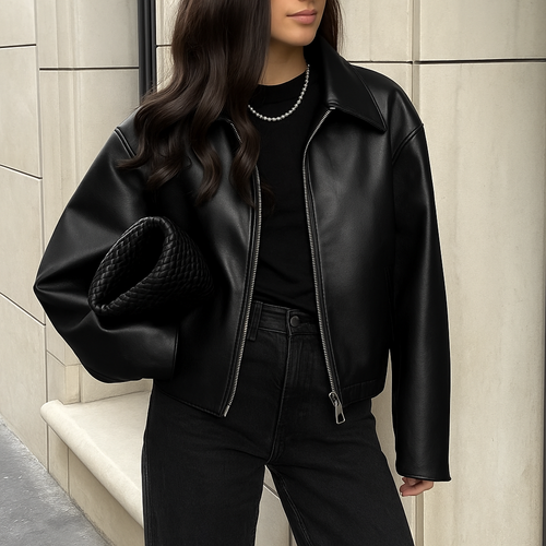 Celeste Women’s Faux Leather Bomber Jacket – Oversized Casual Zip-Up with Ribbed Cuffs