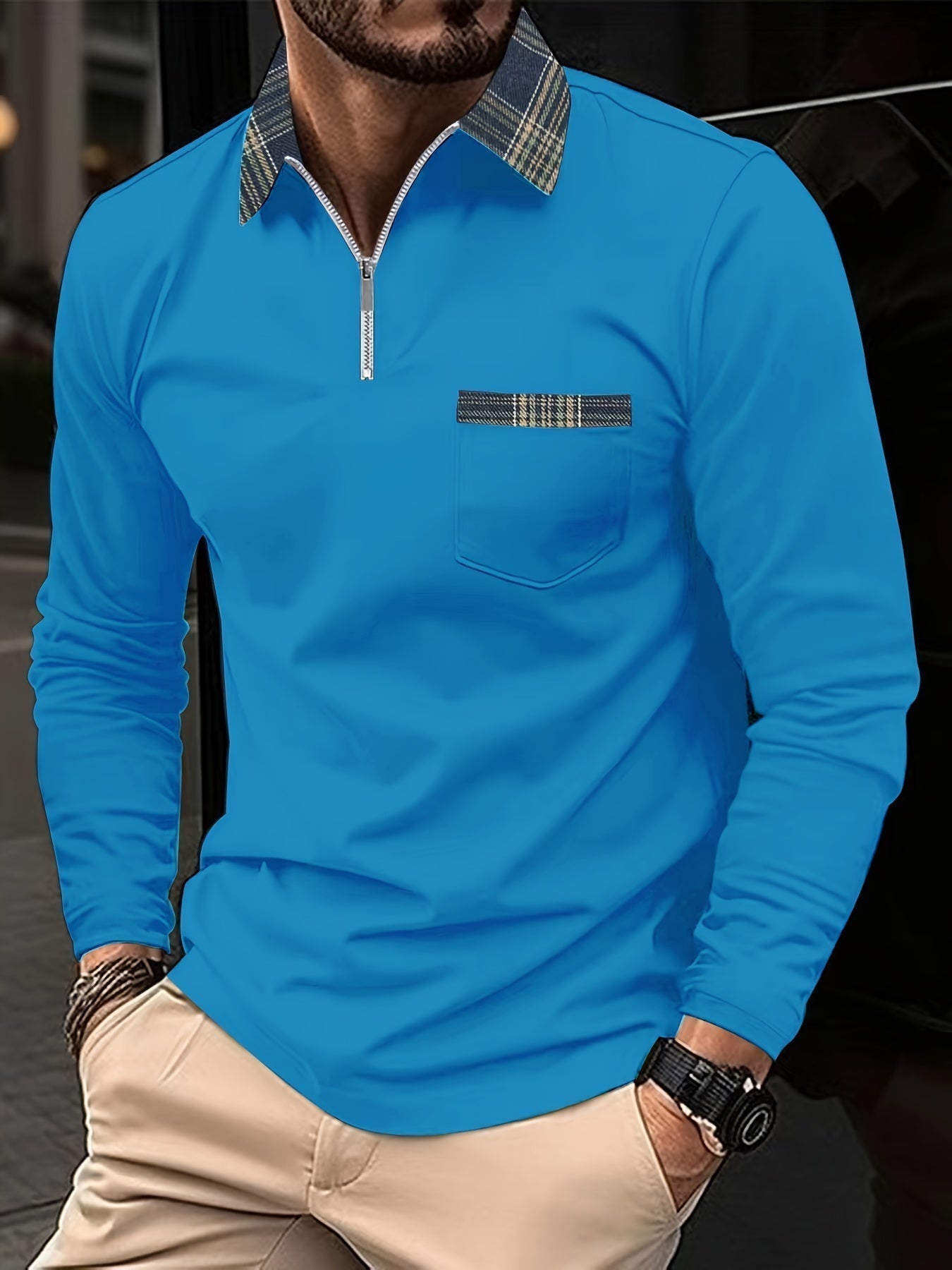 Frank Men's Long Sleeve Polo – Zip Collar Check Pattern Shirt for Smart Casual Wear