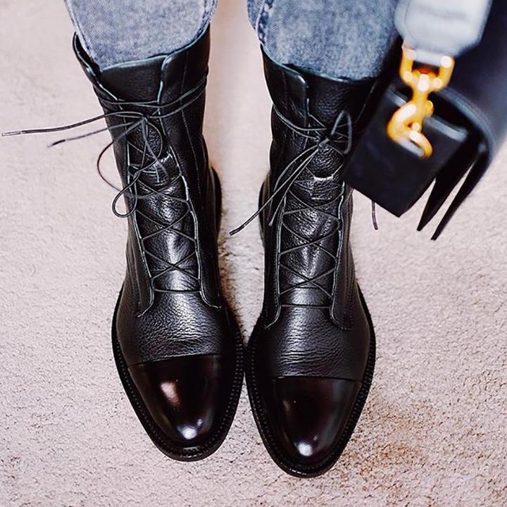 Zuriel Women's Leather Boots – Lace-Up Side Zip Stable Heel Elegant Boots