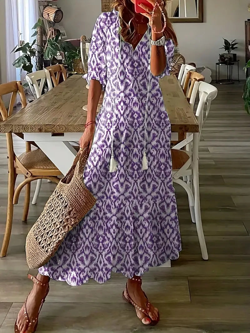 Charm Women's Boho Dress – V-Neck Ruffle Ikat Print Summer Dress