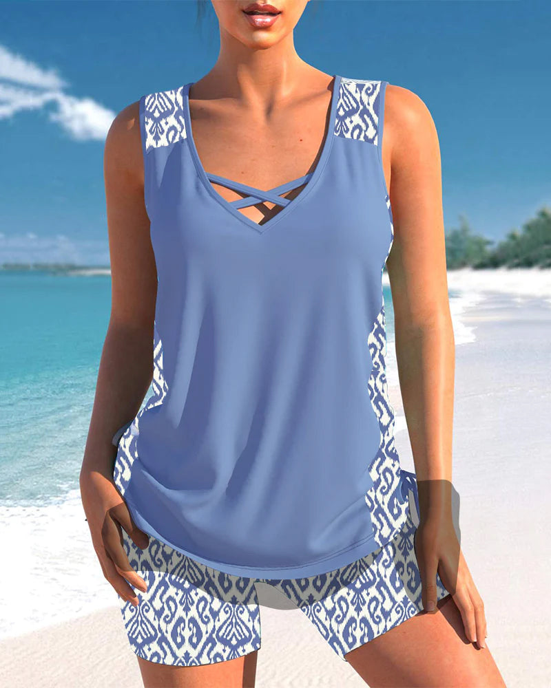 Bienna Women's Tankini Set – Geometric Print Swim Top with Matching Shorts