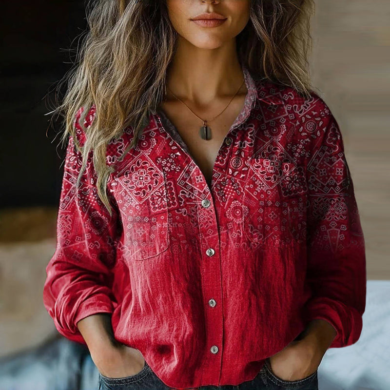 Mira Women's Vintage Blouse – Ethnic Print Button-Up Long Sleeve Shirt