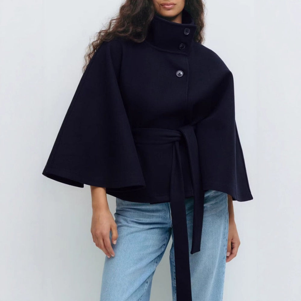 Charlotte Women's Cape Coat – Belted High Collar Elegant Winter Overcoat