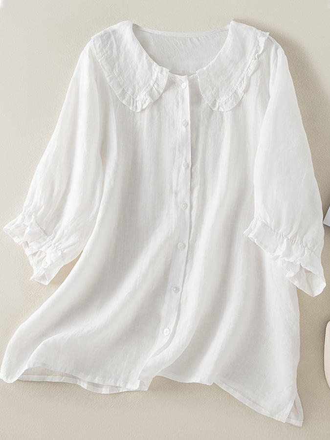 Jillian Women's Cotton Linen Blouse – Ruffle Peter Pan Collar Loose Fit Shirt