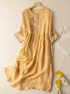 Zara Women’s Cotton Linen Dress – Boho Embroidered Midi Dress with Relaxed Fit