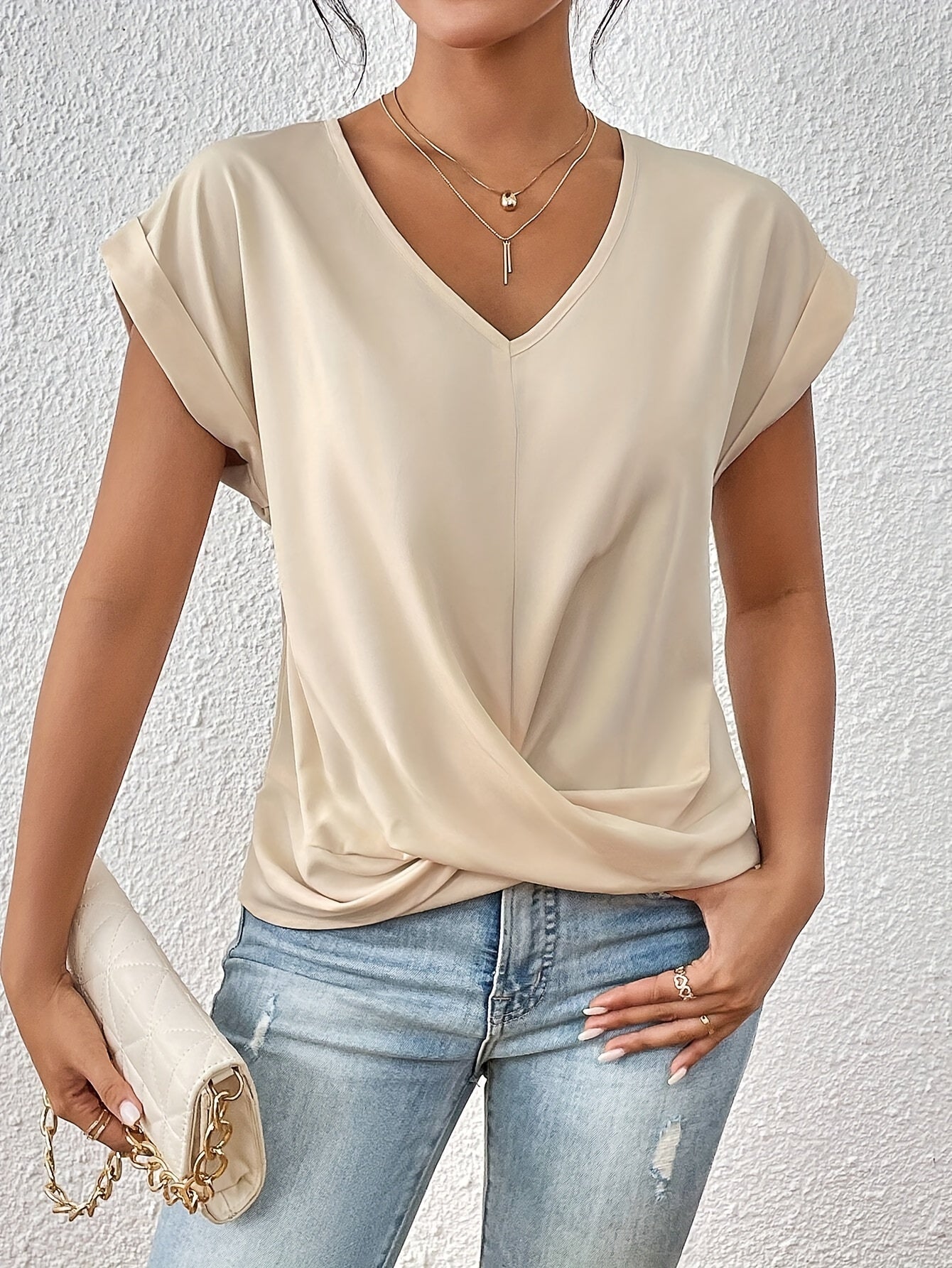 Yasmine Women’s V-Neck Top – Elegant Knot Front Blouse with Flattering Draped Fit