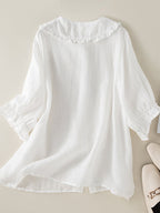 Jillian Women's Cotton Linen Blouse – Ruffle Peter Pan Collar Loose Fit Shirt