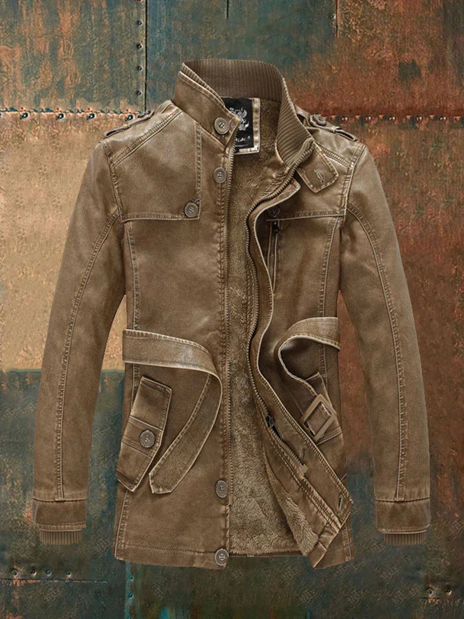 Shon Men’s Vintage Leather Jacket – Classic Button Detail & Warm Lined Zip Coat