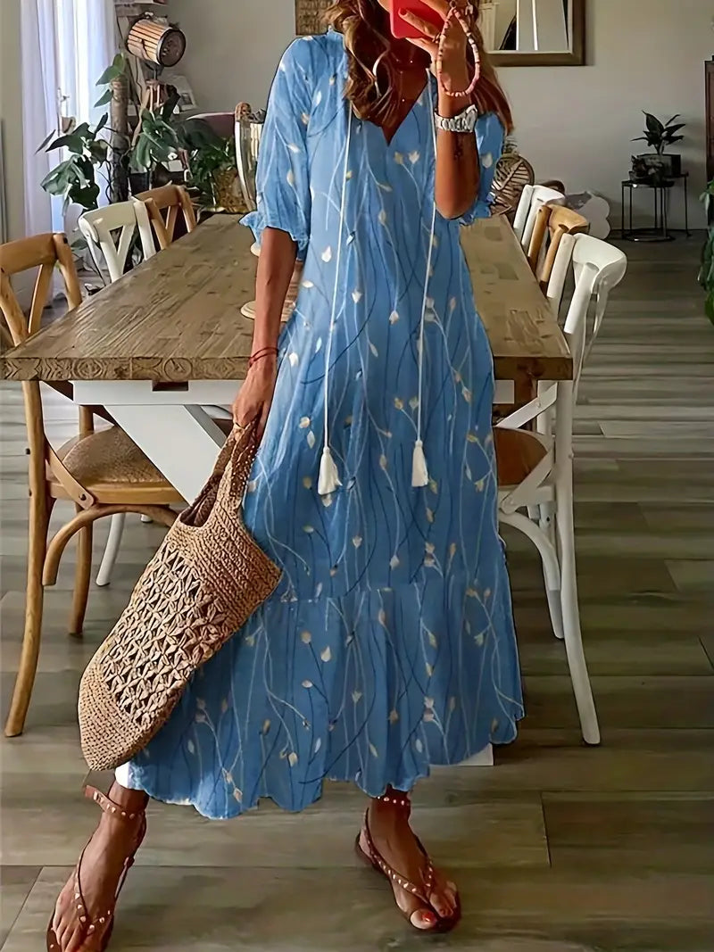 Charm Women's Boho Dress – V-Neck Ruffle Ikat Print Summer Dress