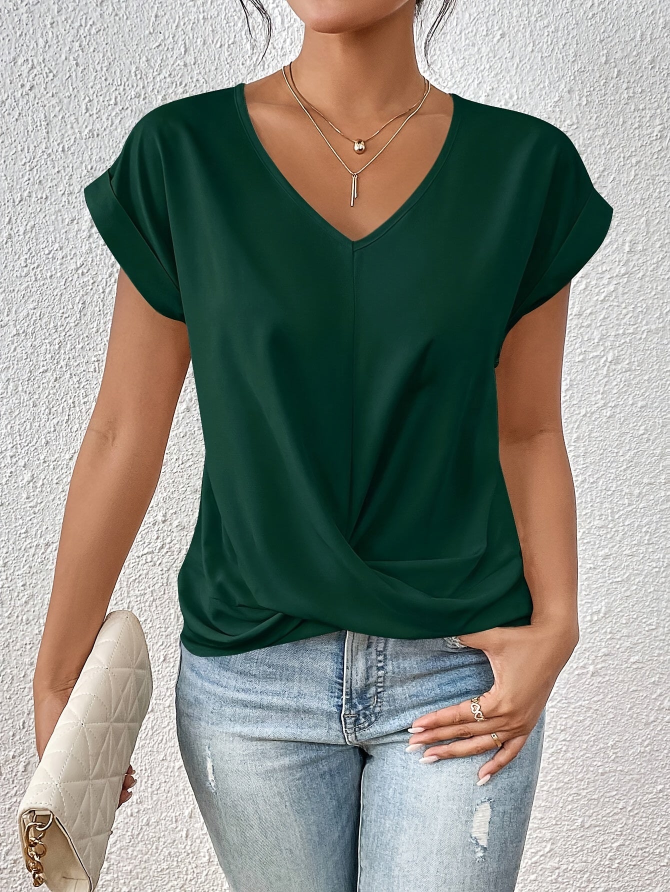 Yasmine Women’s V-Neck Top – Elegant Knot Front Blouse with Flattering Draped Fit