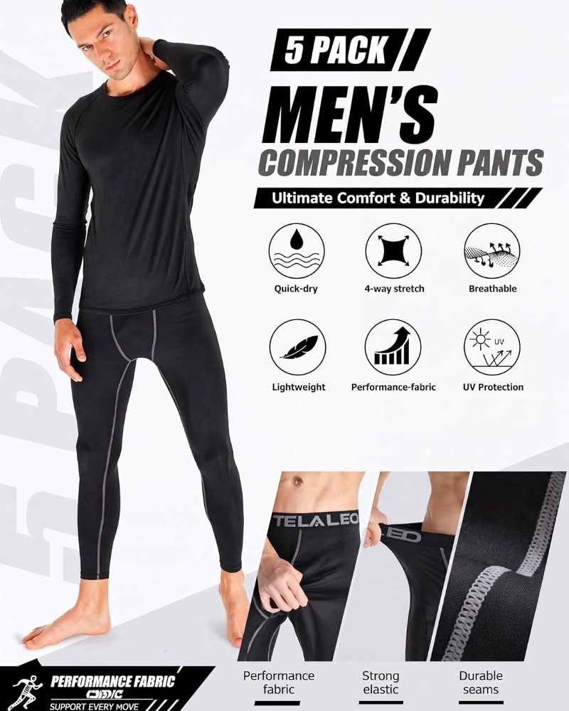 Dylan Men’s 5-Pack Compression Leggings – Quick-Dry, 4-Way Stretch & Moisture-Wicking