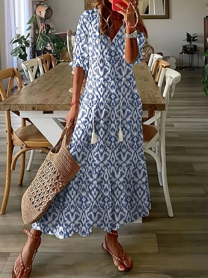 Charm Women's Boho Dress – V-Neck Ruffle Ikat Print Summer Dress