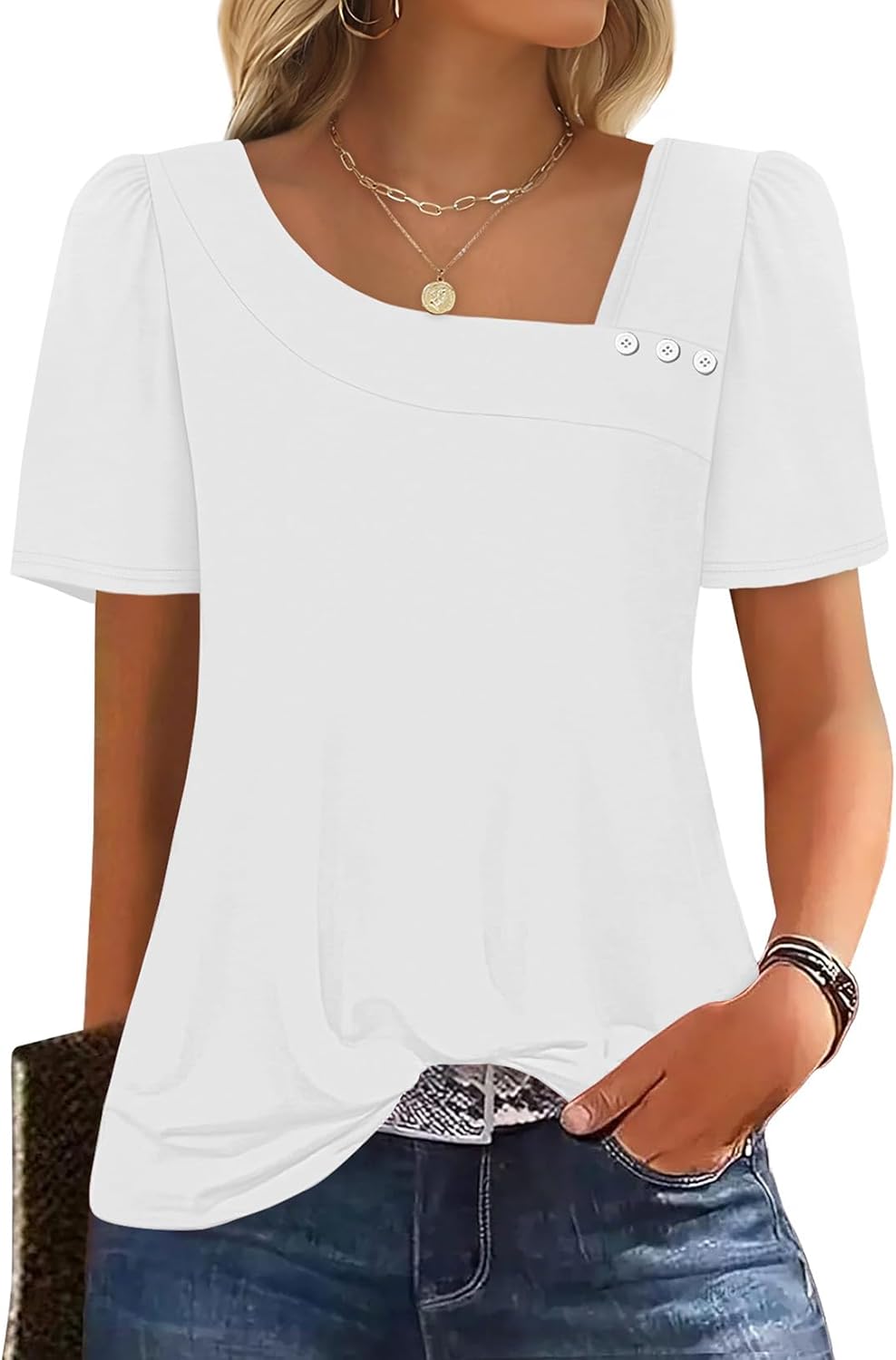 Mia Women's Square Neck Top – Puff Sleeve Button Blouse for Summer Outfits