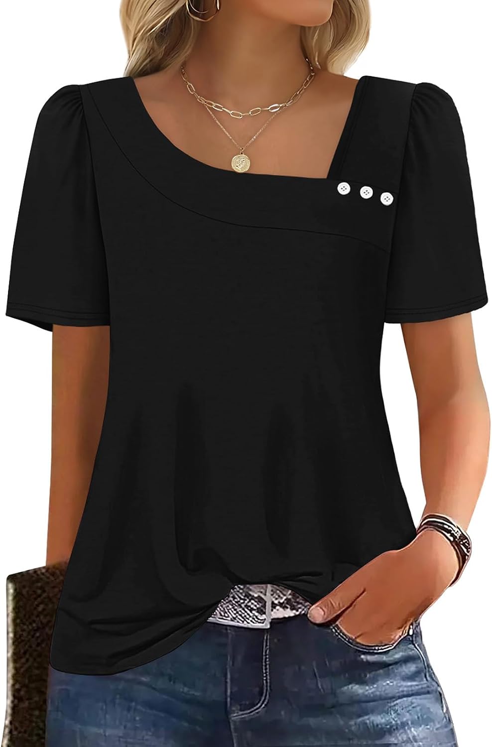 Mia Women's Square Neck Top – Puff Sleeve Button Blouse for Summer Outfits
