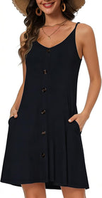Daisy Women's Beach Dress – V-Neck Button-Front Mini Dress with Pockets