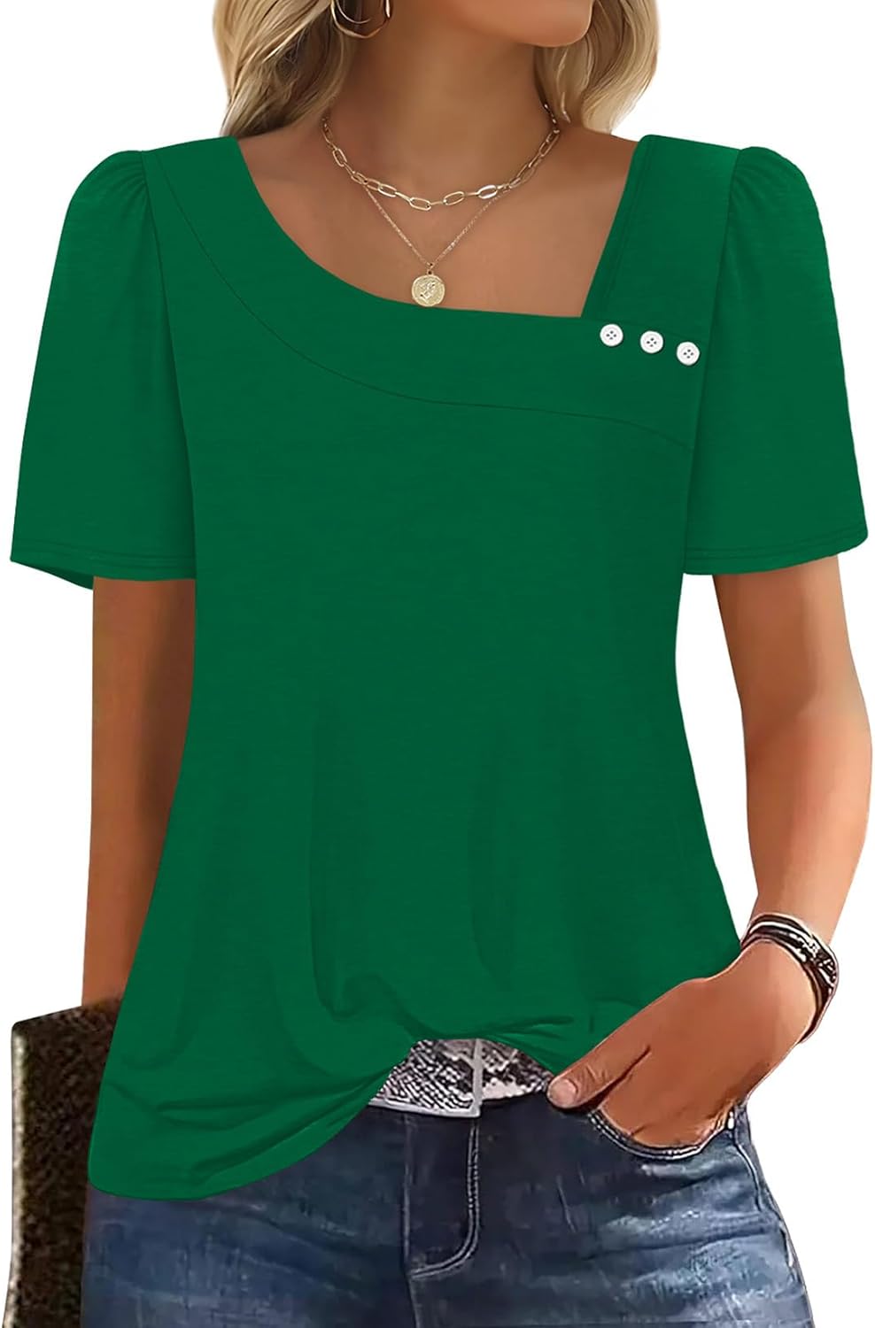 Mia Women's Square Neck Top – Puff Sleeve Button Blouse for Summer Outfits