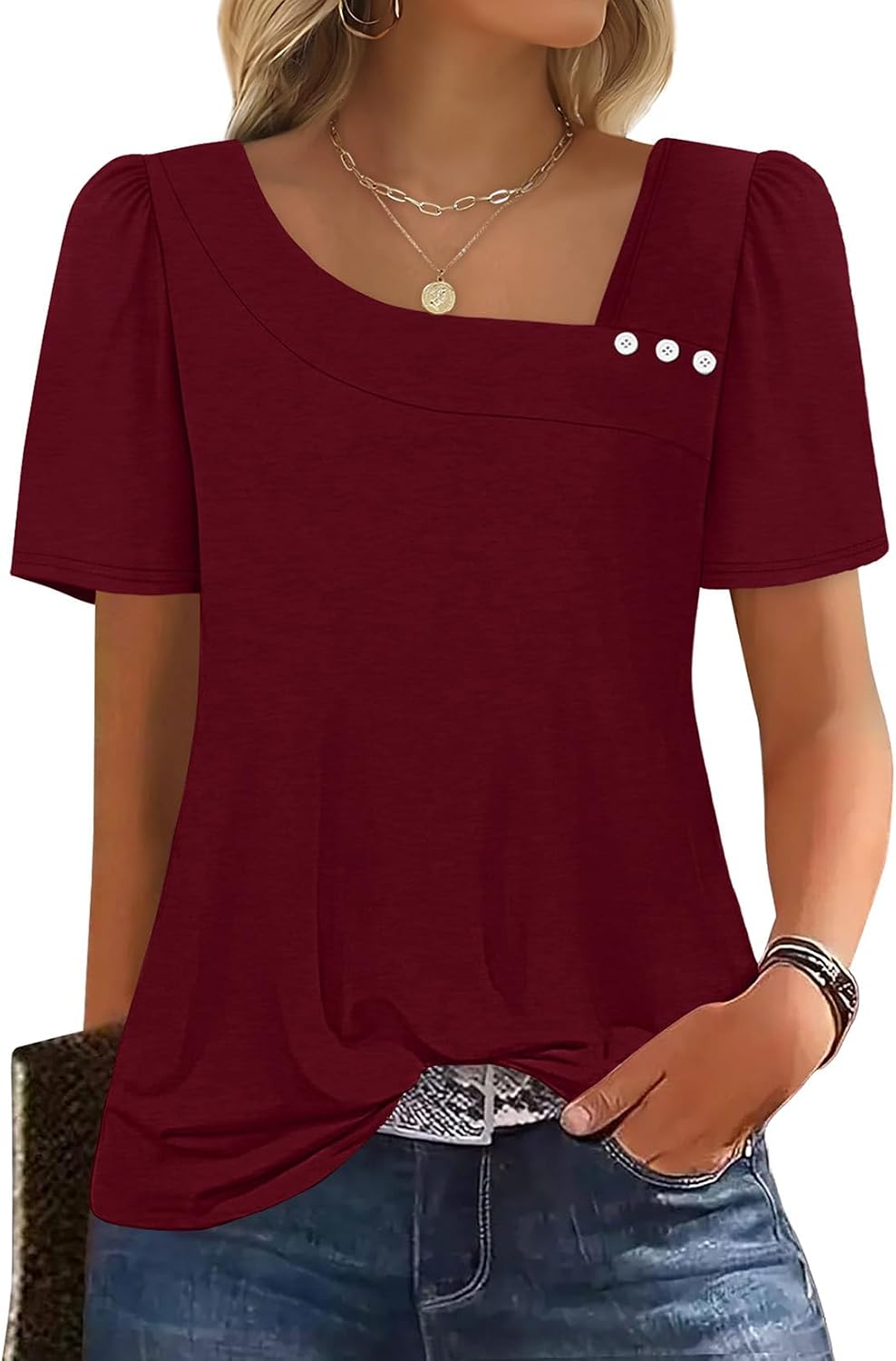 Mia Women's Square Neck Top – Puff Sleeve Button Blouse for Summer Outfits