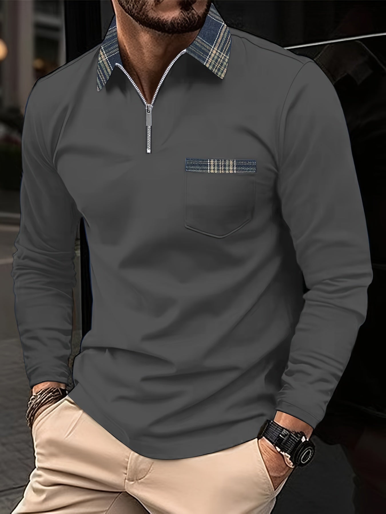 Frank Men's Long Sleeve Polo – Zip Collar Check Pattern Shirt for Smart Casual Wear