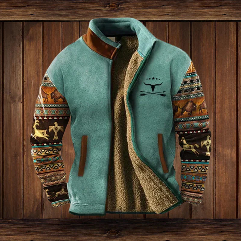Noah Men’s Winter Jacket – Fleece-Lined Western Coat with Ethnic Pattern Design