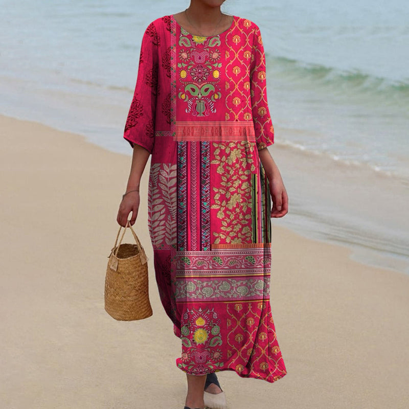 Daniella Women's Boho Maxi Dress – Red Ethnic Print Cotton Summer Dress