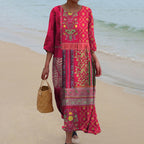 Daniella Women's Boho Maxi Dress – Red Ethnic Print Cotton Summer Dress