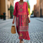 Daniella Women's Boho Maxi Dress – Red Ethnic Print Cotton Summer Dress
