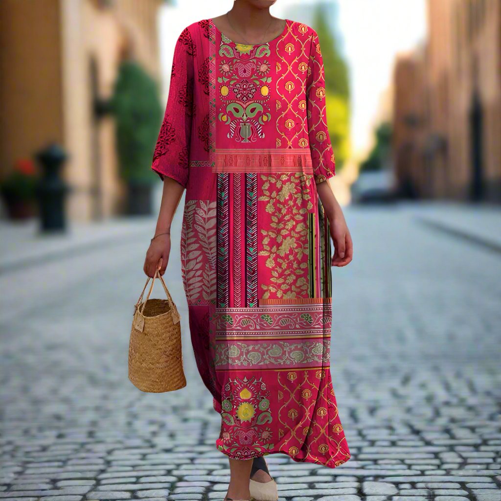 Daniella Women's Boho Maxi Dress – Red Ethnic Print Cotton Summer Dress