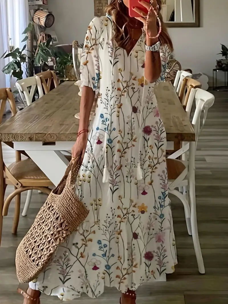 Charm Women's Boho Dress – V-Neck Ruffle Ikat Print Summer Dress